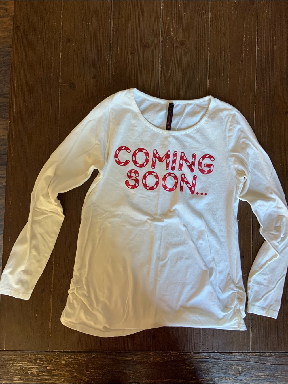 White Long Sleeve Tee with Red "Coming Soon" Graphic